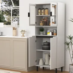 Bibliothèque Haute - Meuble de Rangement avec 4 Portes en Verre Trempé et Étagères Réglables, Spanplatte, 60 x 35 x 160 cm, Blanc