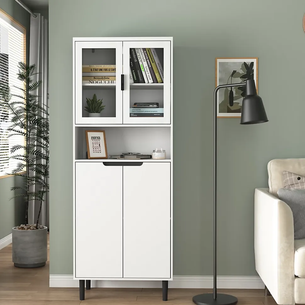 Bibliothèque Haute - Meuble de Rangement avec 4 Portes en Verre Trempé et Étagères Réglables, Spanplatte, 60 x 35 x 160 cm, Blanc