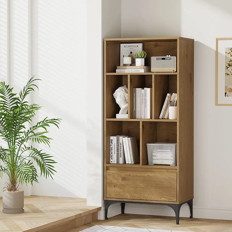 Bibliothèque Kistiandi 137 x 60 x 35 cm effet chêne foncé en.casa