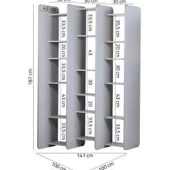 Bibliothèque L.141 cm style paravent gris 18 tablettes - AVALON 8907