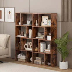 Bibliothèque Livre en Bois, 60 x 20 x 120 CM, Étagère 4 Niveaux Ouverte avec 8 Cubes, Avec 2 Dispositifs Anti-Basculement (Café)