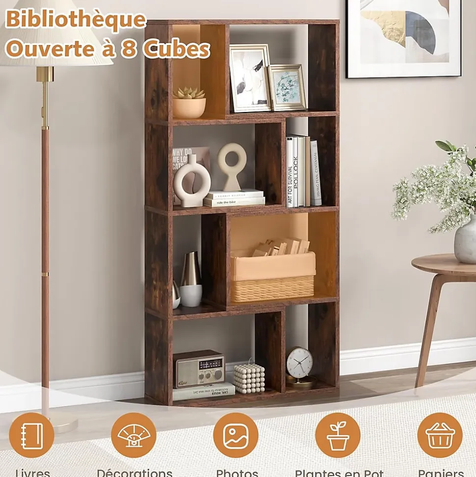 Bibliothèque Livre en Bois, 60 x 20 x 120 CM, Étagère 4 Niveaux Ouverte avec 8 Cubes, Avec 2 Dispositifs Anti-Basculement (Café)