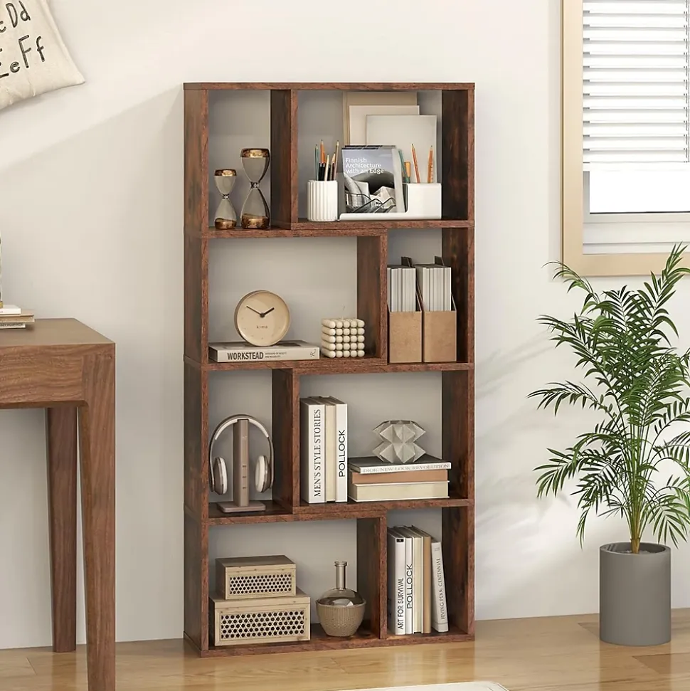Bibliothèque Livre en Bois, 60 x 20 x 120 CM, Étagère 4 Niveaux Ouverte avec 8 Cubes, Avec 2 Dispositifs Anti-Basculement (Café)