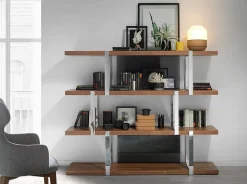 Bibliothèque moderne en noyer avec cloisons en verre noir élégant