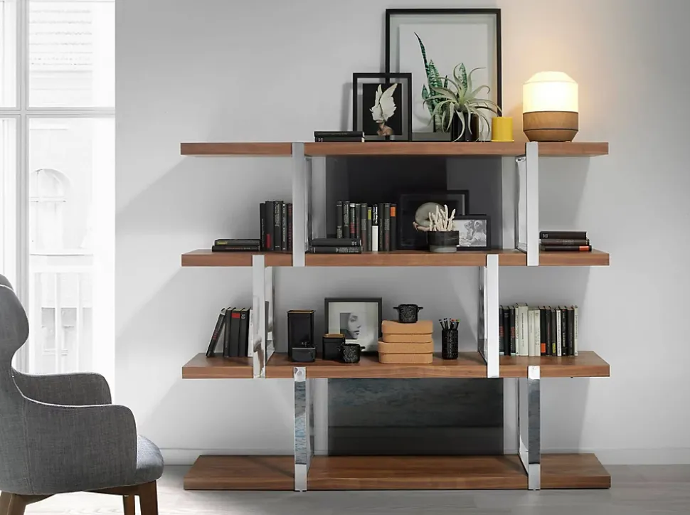 Bibliothèque moderne en noyer avec cloisons en verre noir élégant