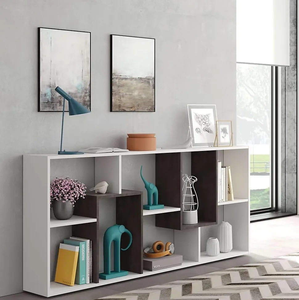 Bibliothèque multipositions horizontal et vertical Blanc artic/ Effet industriel vieilli - 180 x 80 x 25 cm
