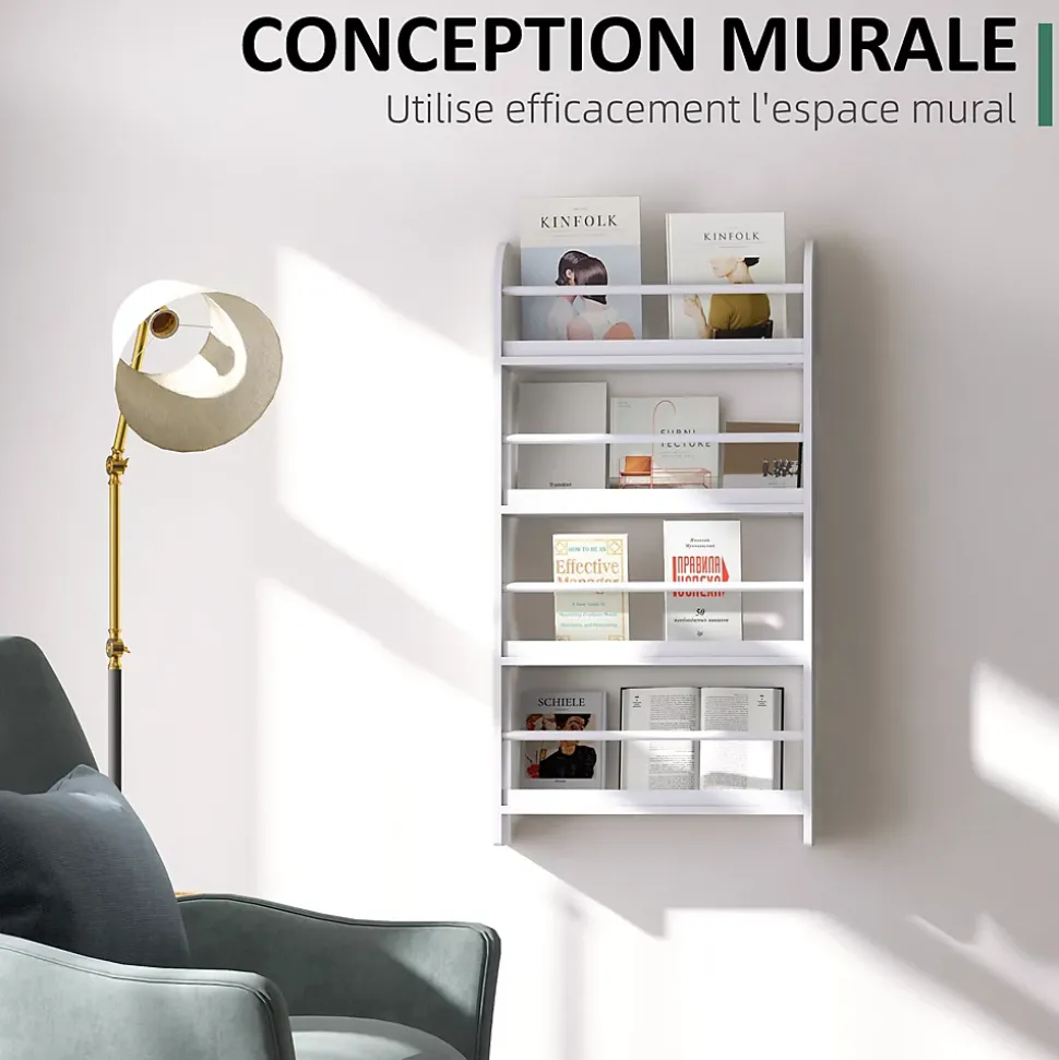 Bibliothèque murale 4 étagères avec barres supports - 59 x 12 x 113 cm - MDF bois blanc