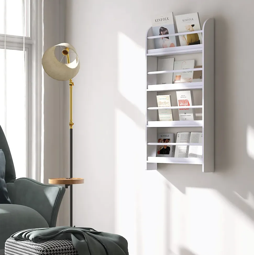 Bibliothèque murale 4 étagères avec barres supports - 59 x 12 x 113 cm - MDF bois blanc