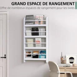 Bibliothèque murale 4 étagères avec barres supports - 59 x 12 x 113 cm - MDF bois blanc