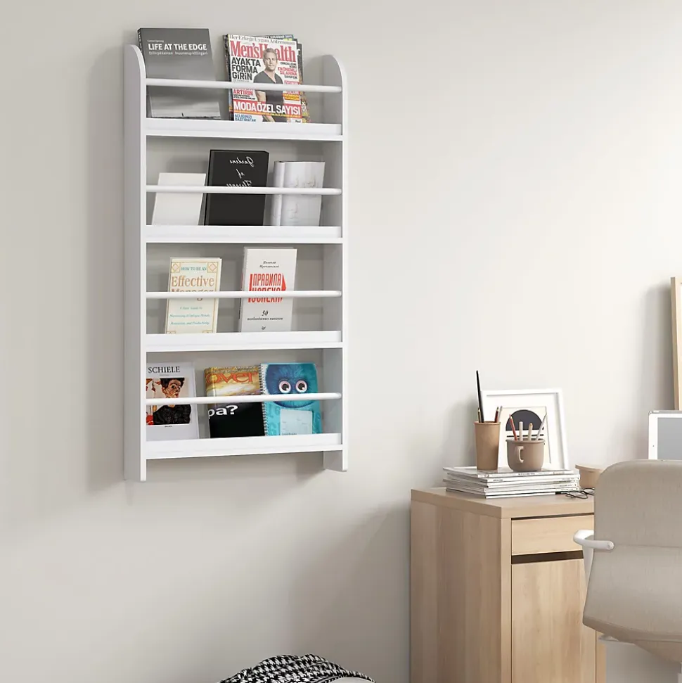 Bibliothèque murale 4 étagères avec barres supports - 59 x 12 x 113 cm - MDF bois blanc