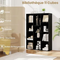 Bibliothèque Ouverte à 11 Cubes, avec Kits Anti-basculement, Position Verticale ou Horizontale, (Noir)
