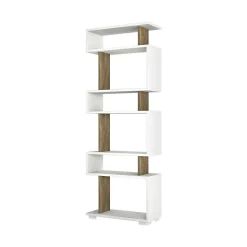 Bibliothèque Panopea, Etagère de bureau, Porte-livre mobile, Librairie, 60x20h165 cm, Blanc et Noyer