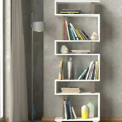 Bibliothèque Panopea, Etagère de bureau, Porte-livre mobile, Librairie, 60x20h165 cm, Blanc et Noyer