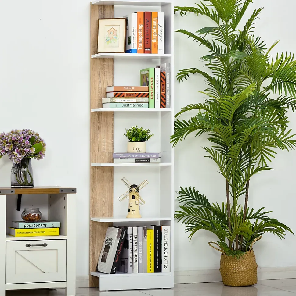 Bibliothèque rangement 4 étagères 5 niveaux dim. 45 x 21 x 170 cm blanc effet bois clair