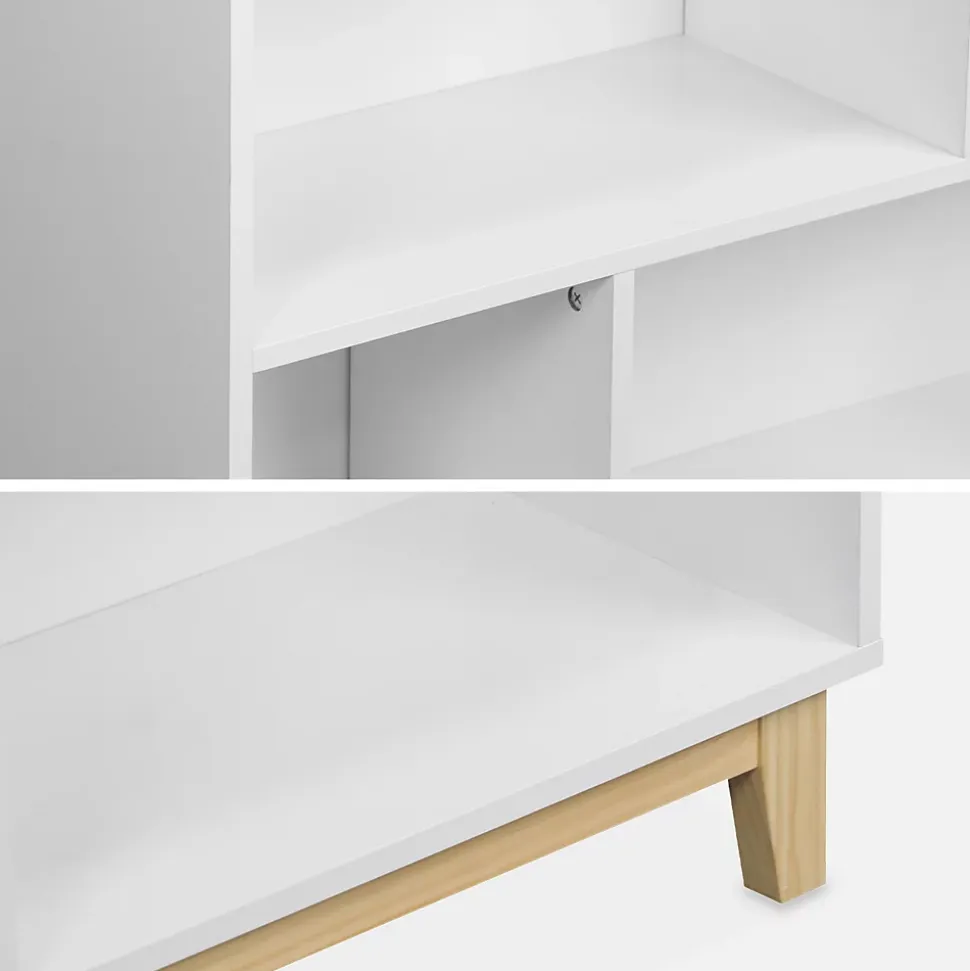 Bibliothèque scandinave blanche. étagère asymétrique - Floki - pieds en bois de sapin. 4 étagères. 8 compartiments. 80x30x138cm