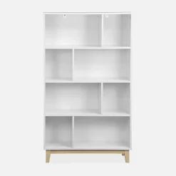 Bibliothèque scandinave blanche. étagère asymétrique - Floki - pieds en bois de sapin. 4 étagères. 8 compartiments. 80x30x138cm