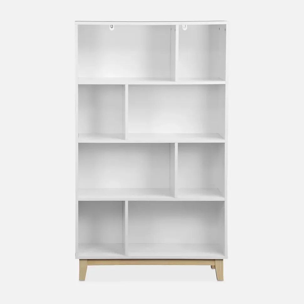 Bibliothèque scandinave blanche. étagère asymétrique - Floki - pieds en bois de sapin. 4 étagères. 8 compartiments. 80x30x138cm