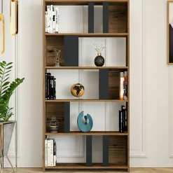 Bibliothèque Scapolita, Etagère de bureau, Porte-livre mobile, Librairie, 90x20h180 cm, Noyer et Anthracite
