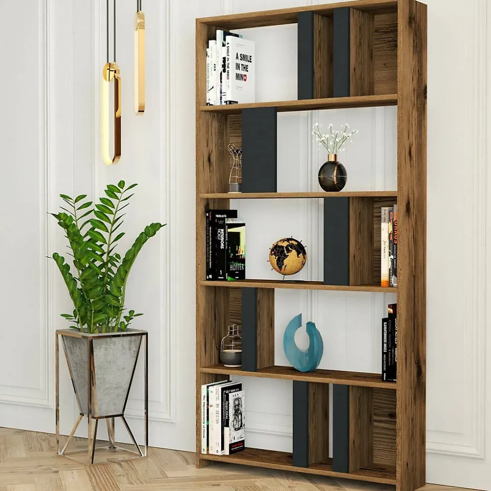 Bibliothèque Scapolita, Etagère de bureau, Porte-livre mobile, Librairie, 90x20h180 cm, Noyer et Anthracite