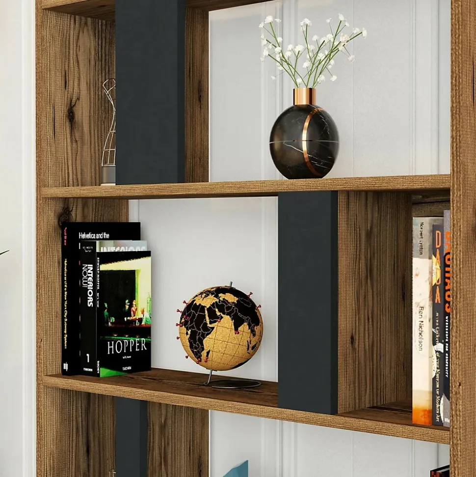 Bibliothèque Scapolita, Etagère de bureau, Porte-livre mobile, Librairie, 90x20h180 cm, Noyer et Anthracite
