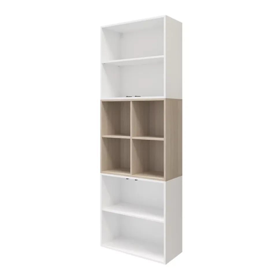 Bibliothèque semi ouverte blanche et effet chêne 4 portes 2 tiroirs GoodHome Atomia H. 225 x L. 75 x P. 37 cm