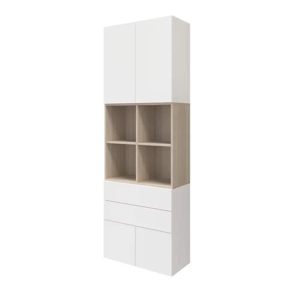 Bibliothèque semi ouverte blanche et effet chêne 4 portes 2 tiroirs GoodHome Atomia H. 225 x L. 75 x P. 37 cm