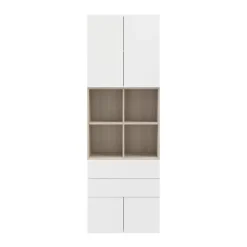 Bibliothèque semi ouverte blanche et effet chêne 4 portes 2 tiroirs GoodHome Atomia H. 225 x L. 75 x P. 37 cm