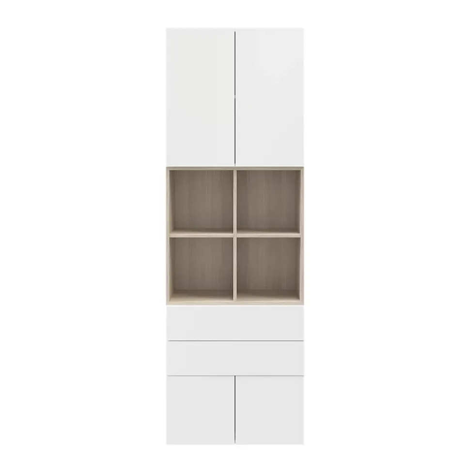 Bibliothèque semi ouverte blanche et effet chêne 4 portes 2 tiroirs GoodHome Atomia H. 225 x L. 75 x P. 37 cm