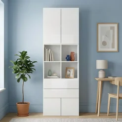 Bibliothèque semi ouverte blanche 4 portes 2 tiroirs GoodHome Atomia H. 225 x L. 75 x P. 37 cm