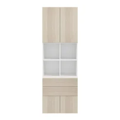 Bibliothèque semi ouverte effet chêne et blanche 4 portes 2 tiroirs GoodHome Atomia H. 225 x L. 75 x P. 37 cm