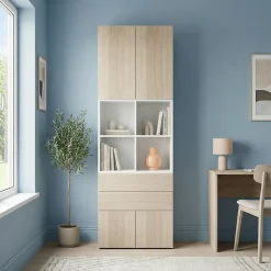 Bibliothèque semi ouverte effet chêne et blanche 4 portes 2 tiroirs GoodHome Atomia H. 225 x L. 75 x P. 37 cm