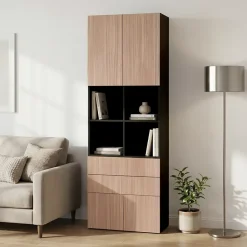 Bibliothèque semi ouverte effet chêne chaud et noir 4 portes 2 tiroirs GoodHome Atomia H. 225 x L. 75 x P. 35 cm
