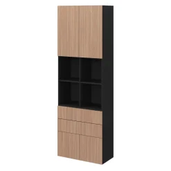 Bibliothèque semi ouverte effet chêne chaud et noir 4 portes 2 tiroirs GoodHome Atomia H. 225 x L. 75 x P. 35 cm