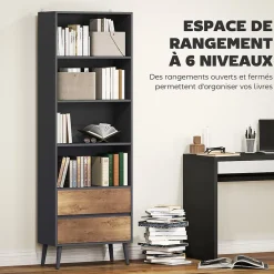 Bibliothèque sur pieds 4 étagères 2 tiroirs coulissants dim. 60 x 30 x 179 cm gris charbon effet bois