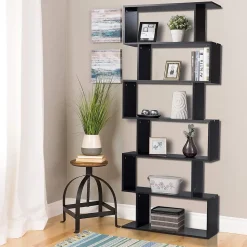 Bibliothèque Étagère 6 Niveaux, Étagère de Rangement Mural en Forme S en Bois, Meuble Scandinave 80 x 23 x 192 CM (Noir)