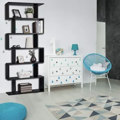 Bibliothèque Étagère 6 Niveaux, Étagère de Rangement Mural en Forme S en Bois, Meuble Scandinave 80 x 23 x 192 CM (Noir)