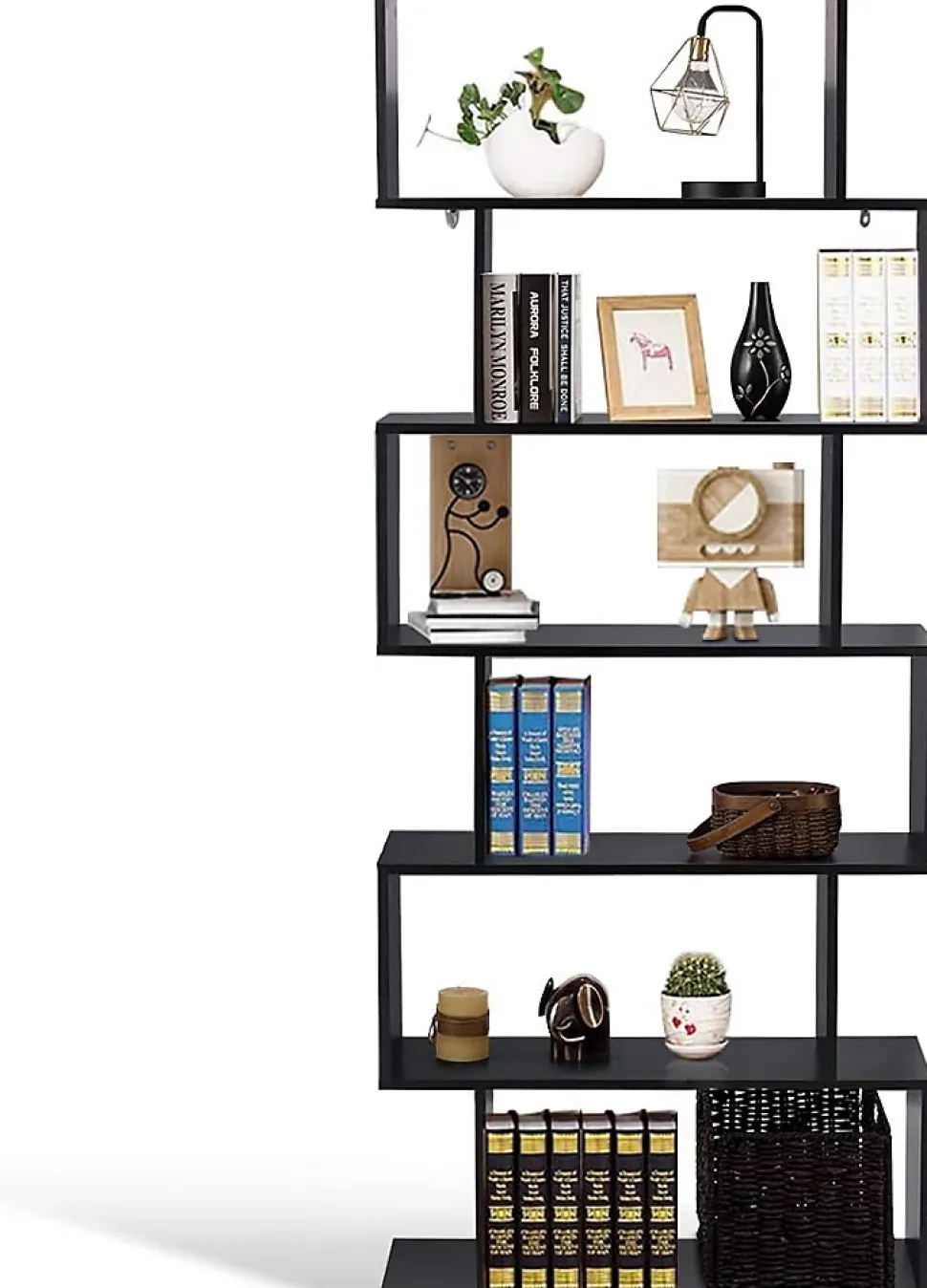 Bibliothèque Étagère 6 Niveaux, Étagère de Rangement Mural en Forme S en Bois, Meuble Scandinave 80 x 23 x 192 CM (Noir)