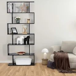 Bibliothèque Étagère 6 Niveaux, Étagère de Rangement Mural en Forme S en Bois, Meuble Scandinave 80 x 23 x 192 CM (Noir)
