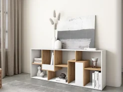 Bibliothèque étagère asymétrique 8 compartiments 67x31x162cm Blanc et Chêne
