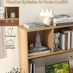 Bibliothèque Étagère Bureau 4 Compartiments et Compartiment Arrière Ouvert Organisateur de Bureau de Rangement Naturel