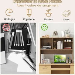Bibliothèque Étagère Bureau 4 Compartiments et Compartiment Arrière Ouvert Organisateur de Bureau de Rangement Naturel