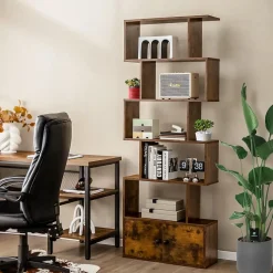 Bibliothèque étagère de Rangement à 5 Niveaux en Forme S avec Armoire Dispositif Anti-Basculement,en Bois pour Salon