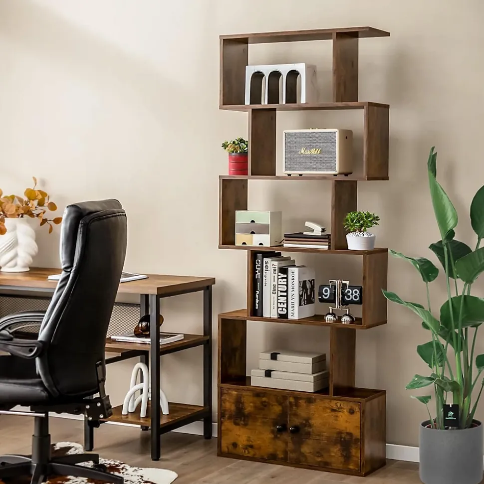 Bibliothèque étagère de Rangement à 5 Niveaux en Forme S avec Armoire Dispositif Anti-Basculement,en Bois pour Salon