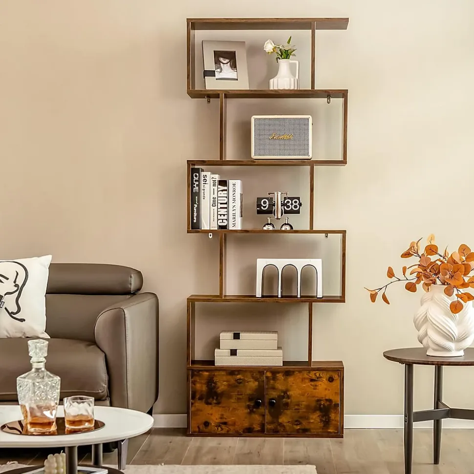 Bibliothèque étagère de Rangement à 5 Niveaux en Forme S avec Armoire Dispositif Anti-Basculement,en Bois pour Salon