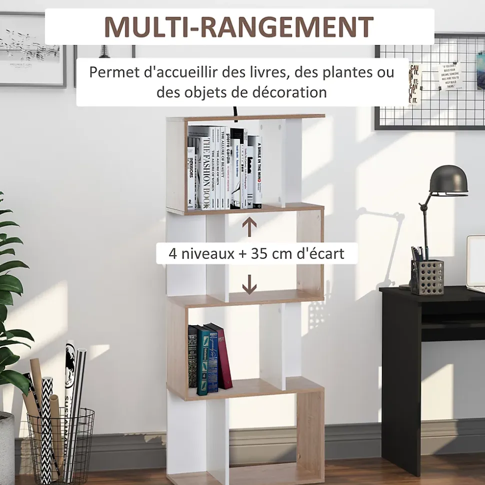 Bibliothèque étagère meuble de rangement design contemporain en S 4 étagères 60L x 24l x 148H cm chêne blanc