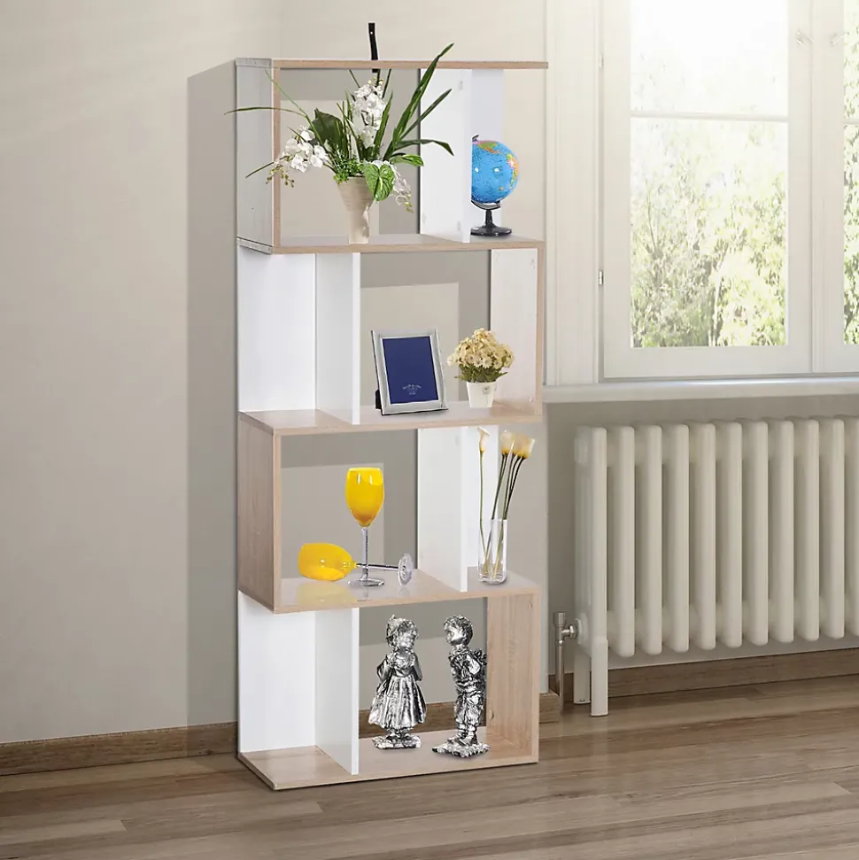 Bibliothèque étagère meuble de rangement design contemporain en S 4 étagères 60L x 24l x 148H cm chêne blanc