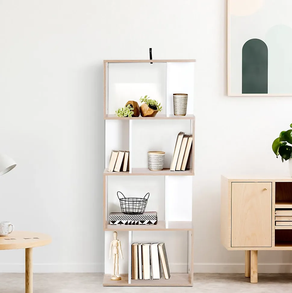 Bibliothèque étagère meuble de rangement design contemporain en S 4 étagères 60L x 24l x 148H cm chêne blanc