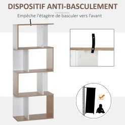 Bibliothèque étagère meuble de rangement design contemporain en S 4 étagères 60L x 24l x 148H cm chêne blanc