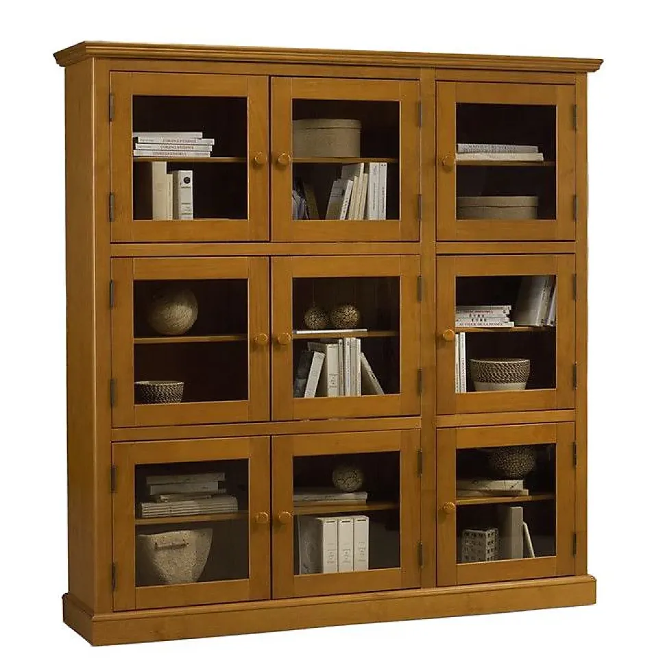 Bibliothèque Vitrine 9 Portes Vitrées Pin Miel Style Anglais L 163 H 170 P 37 cm - L 163 x l 37 x H 170 cm