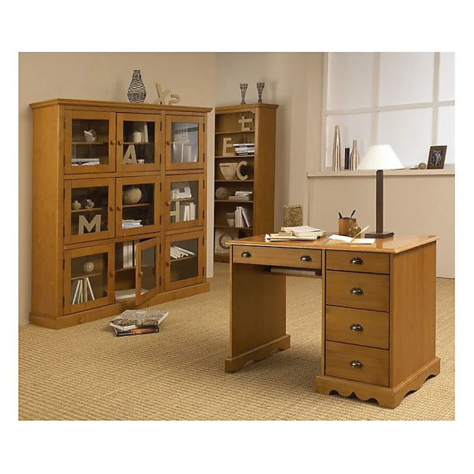 Bibliothèque Vitrine 9 Portes Vitrées Pin Miel Style Anglais L 163 H 170 P 37 cm - L 163 x l 37 x H 170 cm